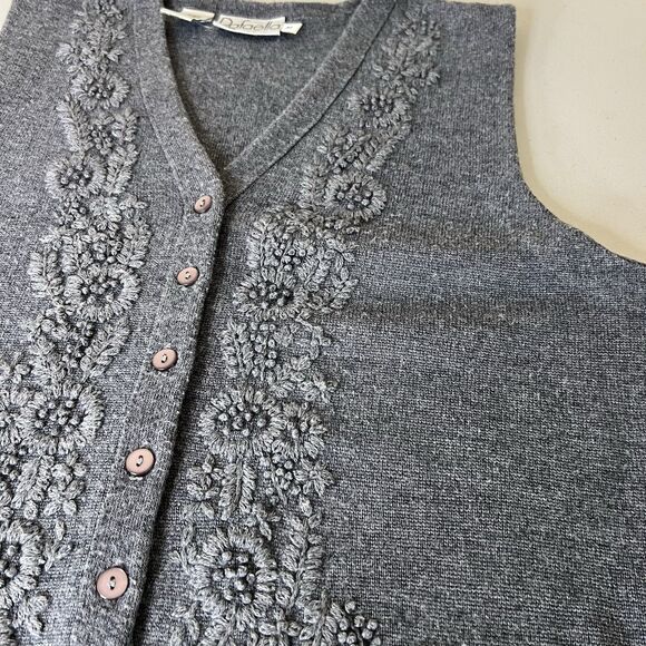 Vintage Rafaella Sweater Vest Size Medium Gray Merino Wool Floral Embroidery - Picture 3 of 11